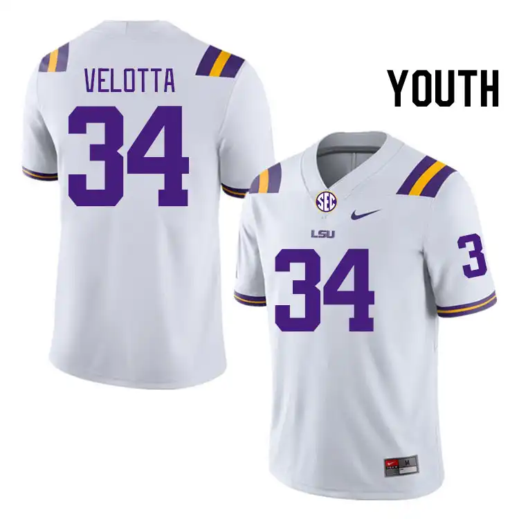 Youth LSU Tigers Skip Velotta #34 White NCAA Football Jersey